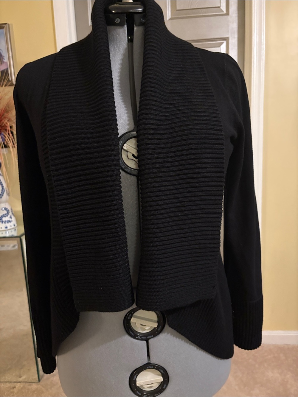 INC International Concepts Black Open-Front Ribbed Shawl Collar Cardigan